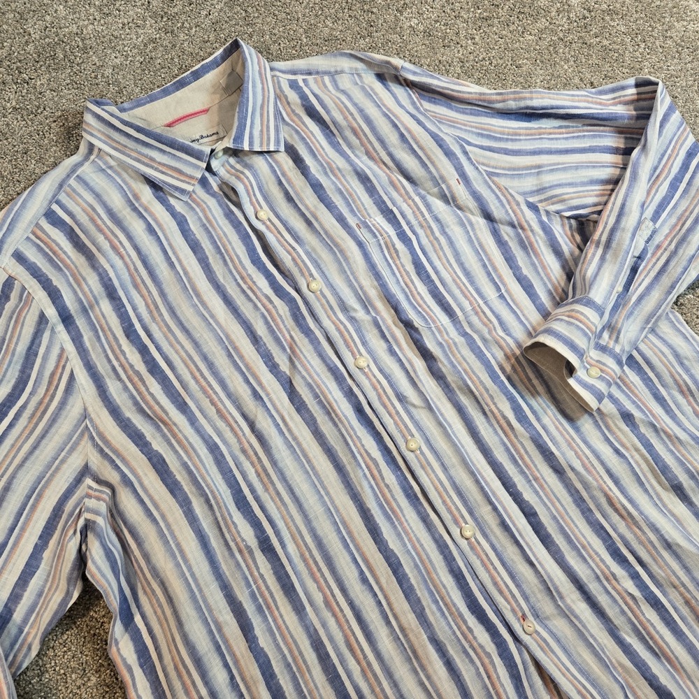 Tommy Bahama Linen 2XL Striped Dress Shirt Mens Multi Color Button Up